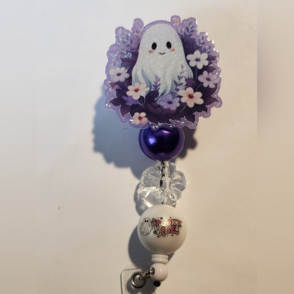 Ghost Badge Reel‎ Beaded Badge Clip ID Holder Halloween Purple Spooky Vibes